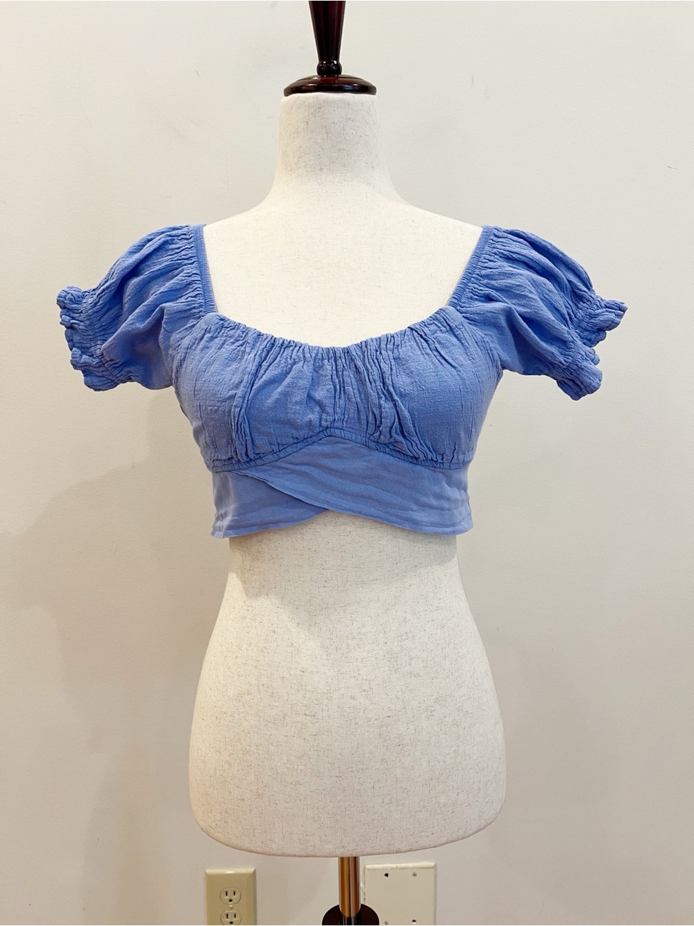 Blanco by Nature Lola Crop Top Small Azure Cotton Tie Back Puff Sleeve Barmaid